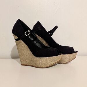 Elegant Black and Gold Wedge Heels